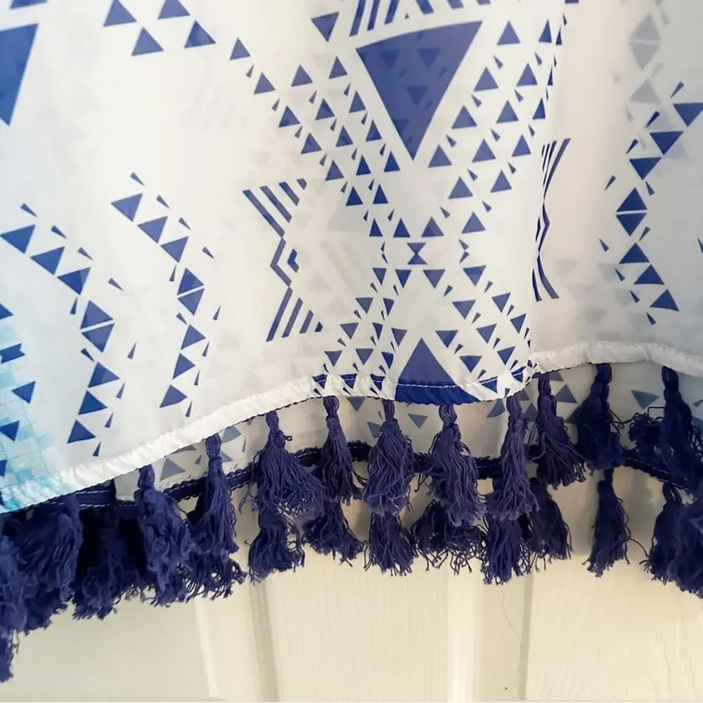 Cupshe NEW Blue White Geometric Print Boho Trim Swimsuit Bathing Suit Cover Up
